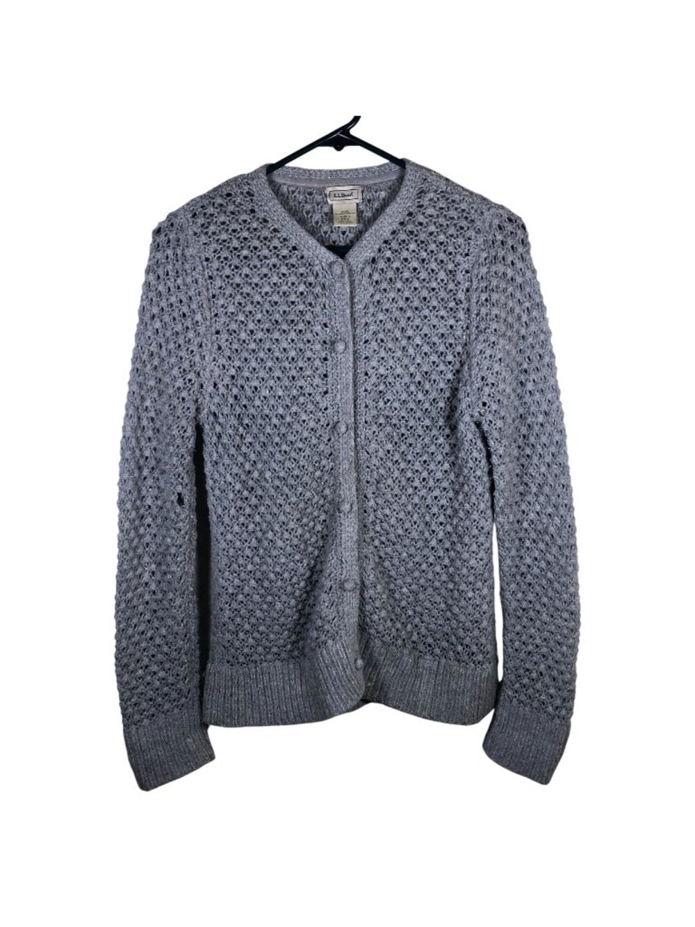 L.L. Bean Womens Wool Blend Cardigan Sweater Medium Gray Angora V-Neck HOLE